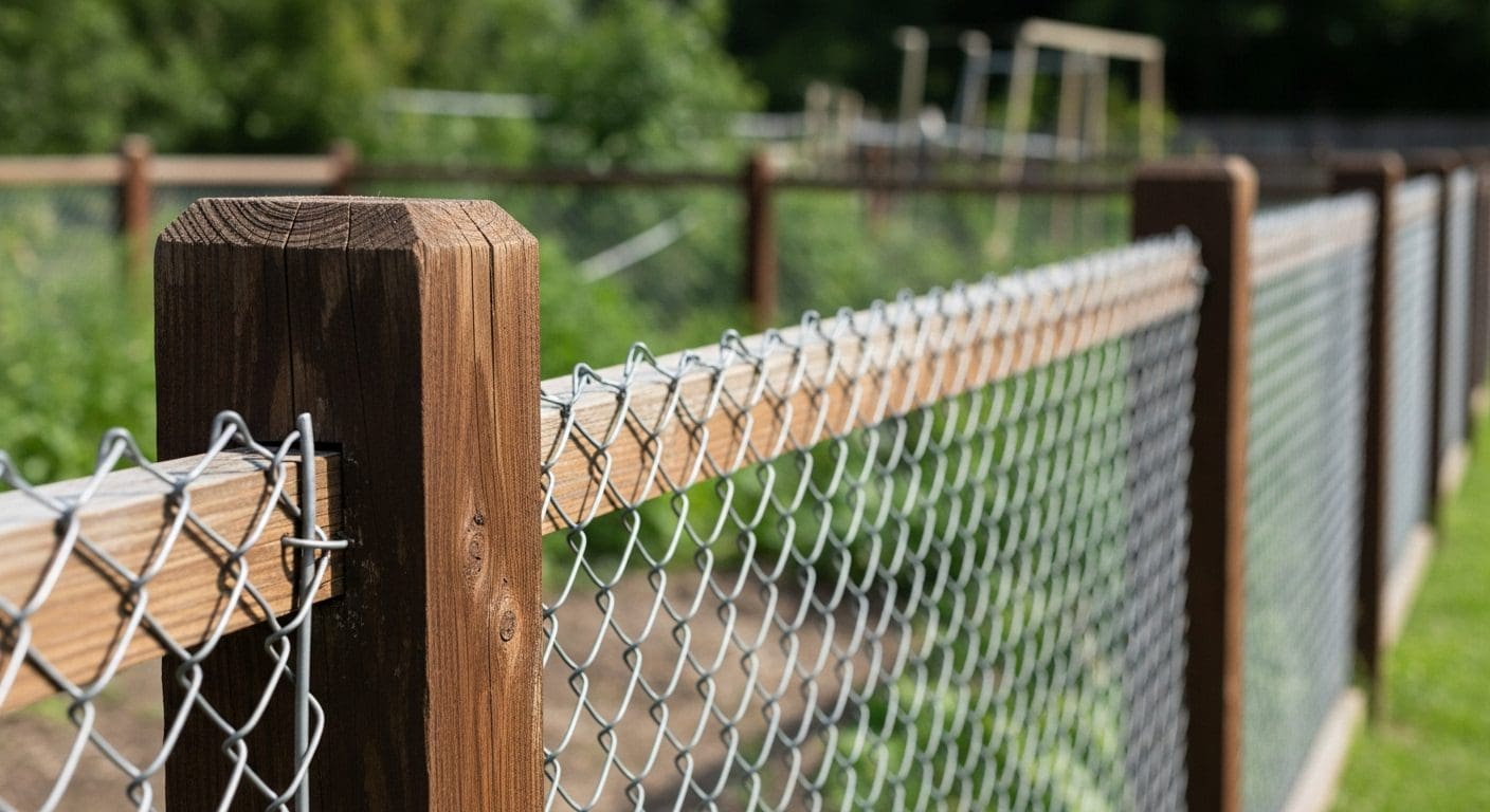 Close-up of a chain-link fence attached to a wooden post in a garden.
