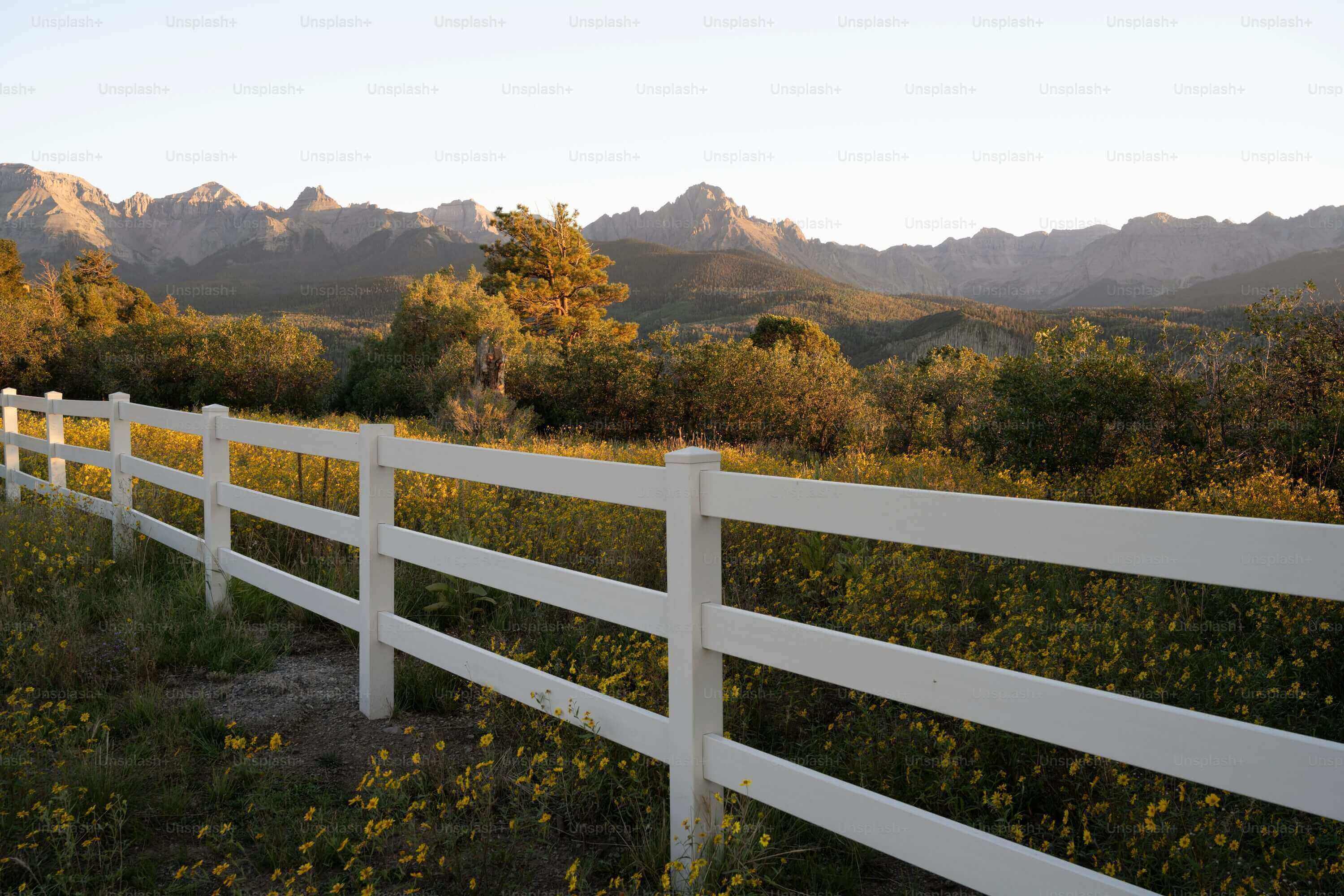 A white fence in a field with mountains and trees in the background at sunset.