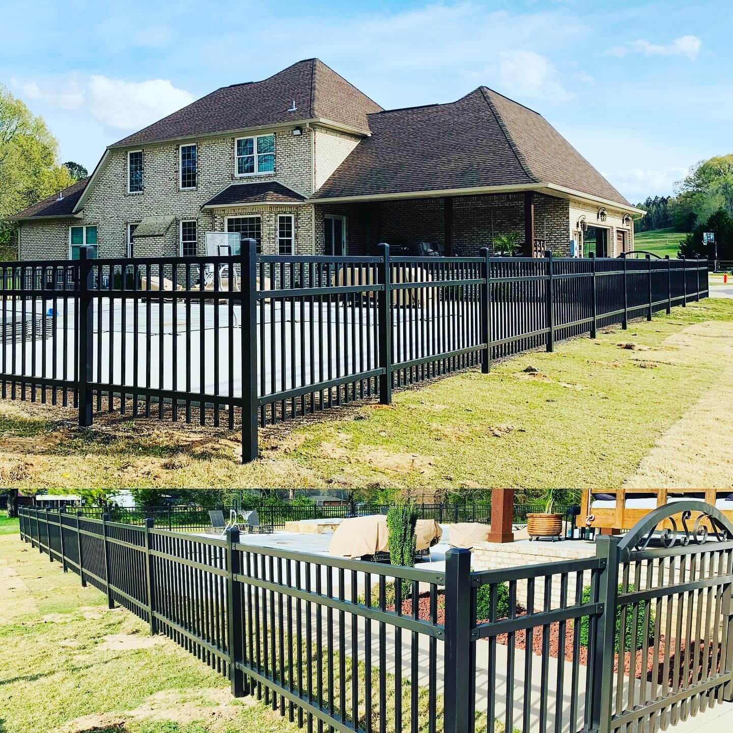 Black metal fence surrounding a suburban house with a driveway.