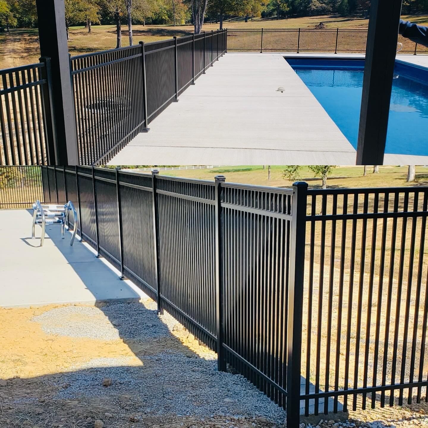 Black metal fence surrounding a swimming pool area on a sunny day.