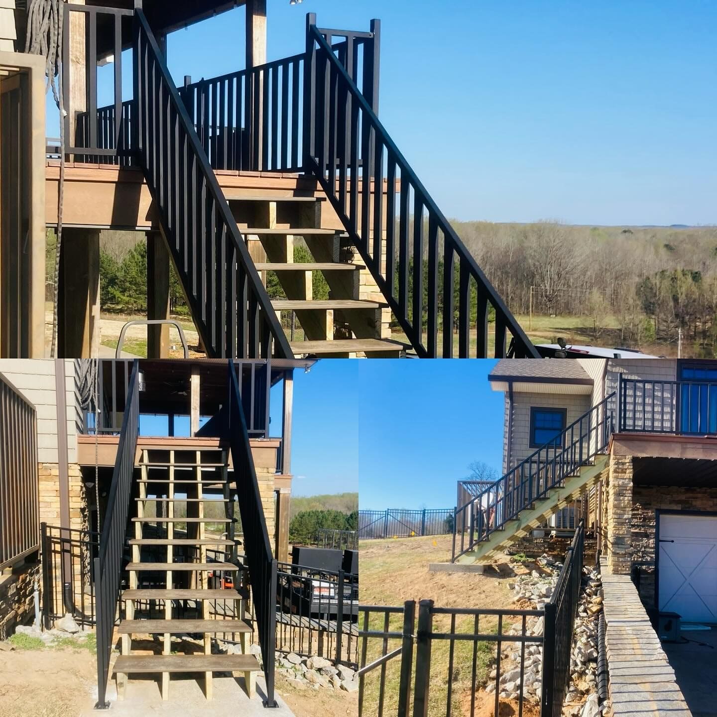 Outdoor black metal staircase attached to a building with a scenic background.