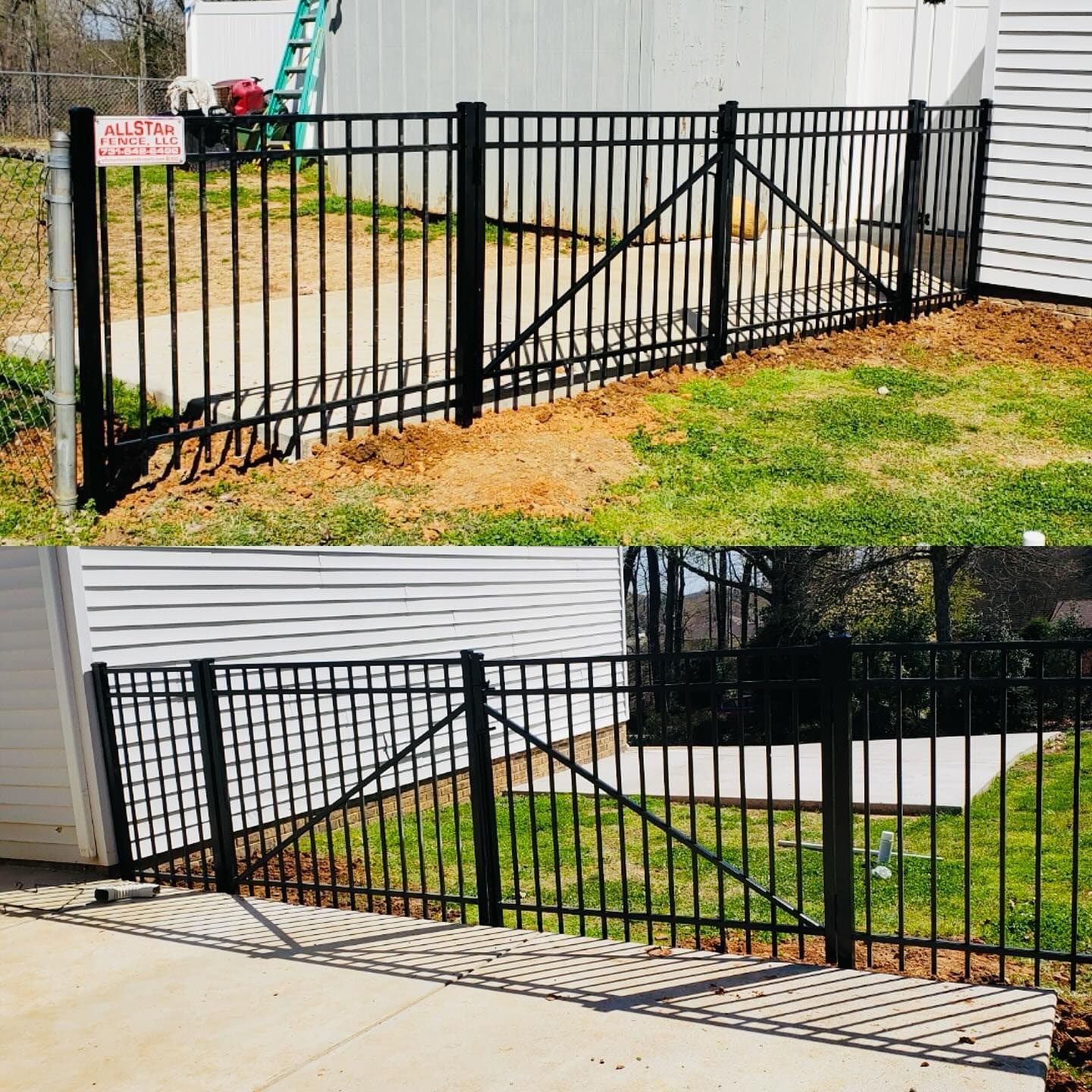 Black metal gates installed in front of a driveway and yard area.