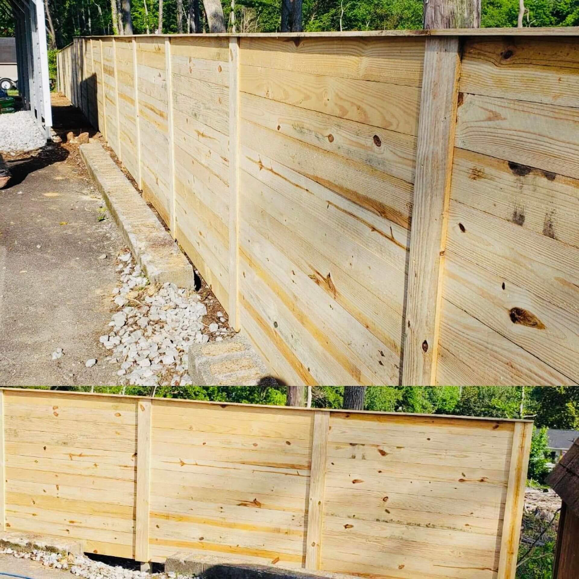 Newly built wooden fence with smooth planks and natural wood finish.