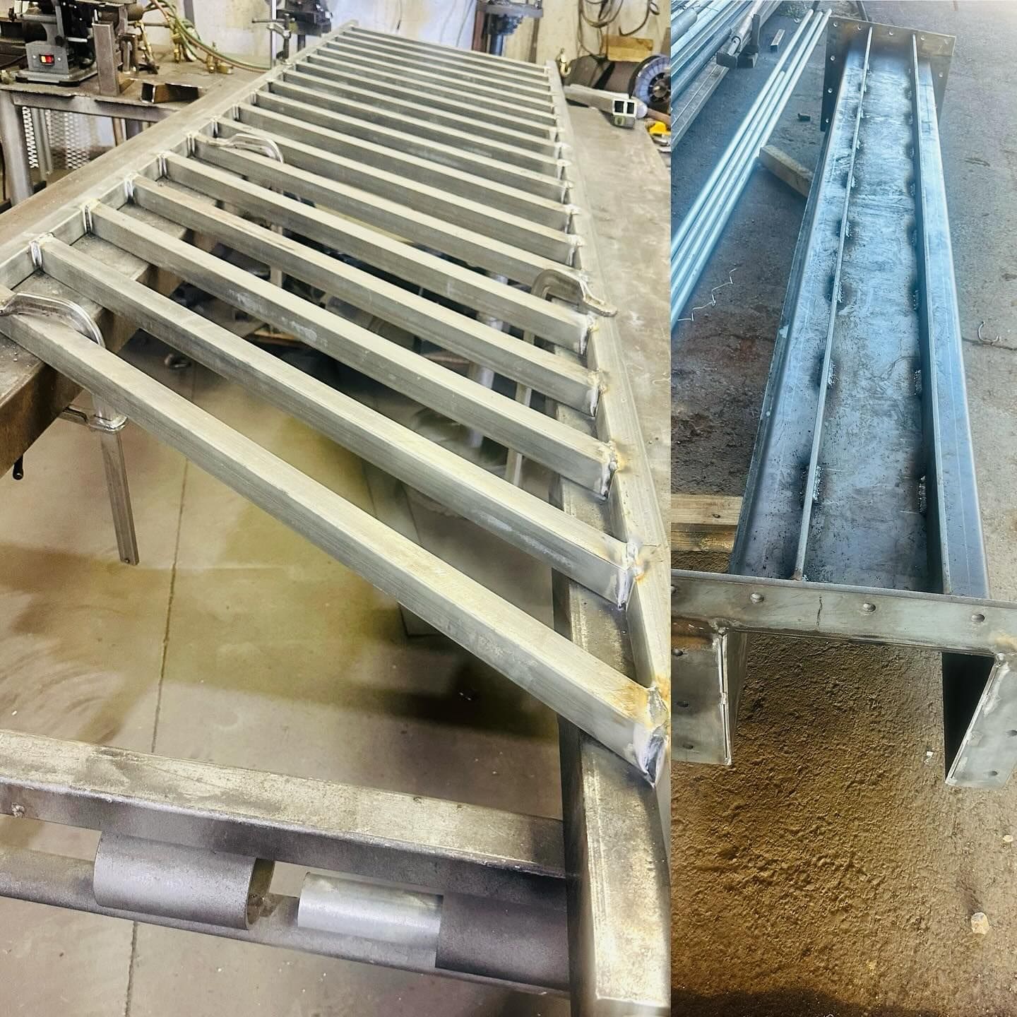Metal fabrication workshop with steel ladder and beam structures.