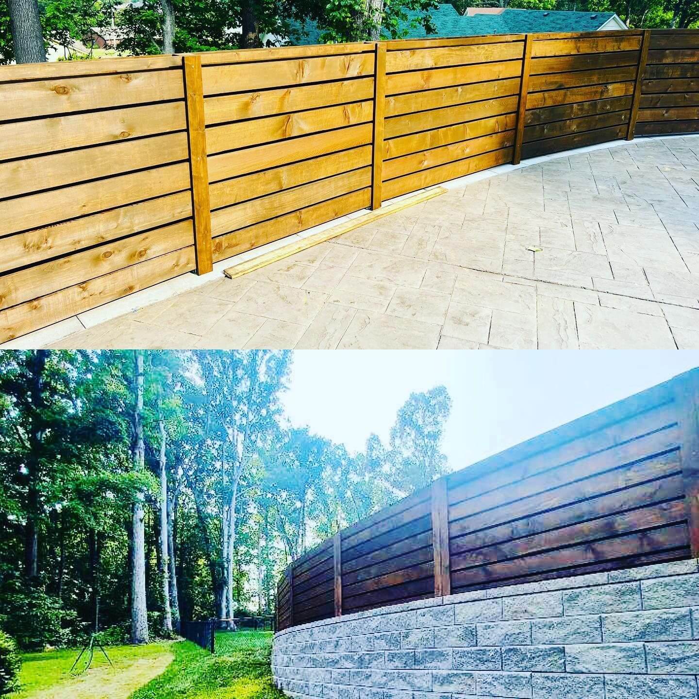 Two images of wooden fences in outdoor settings, one on sand and one on stone base.