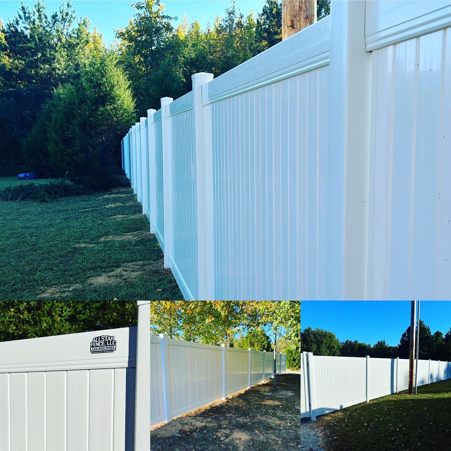 White vinyl privacy fence panels enclosing a backyard area.