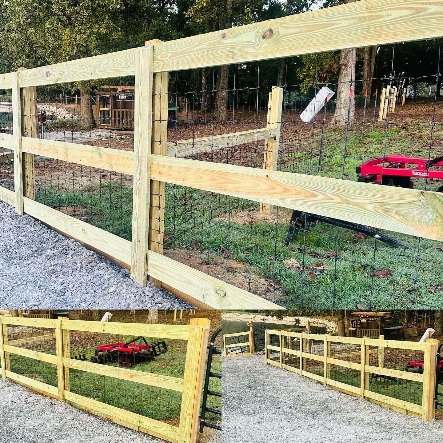 Newly installed wooden fence with wire mesh along a gravel path.